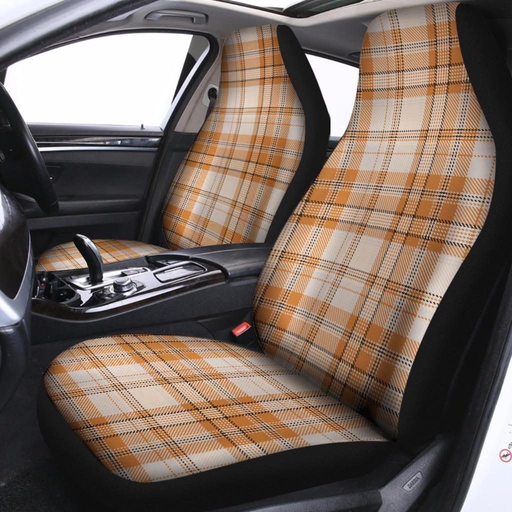 Beige Plaid Tartan Print Car Seat Covers-grizzshop