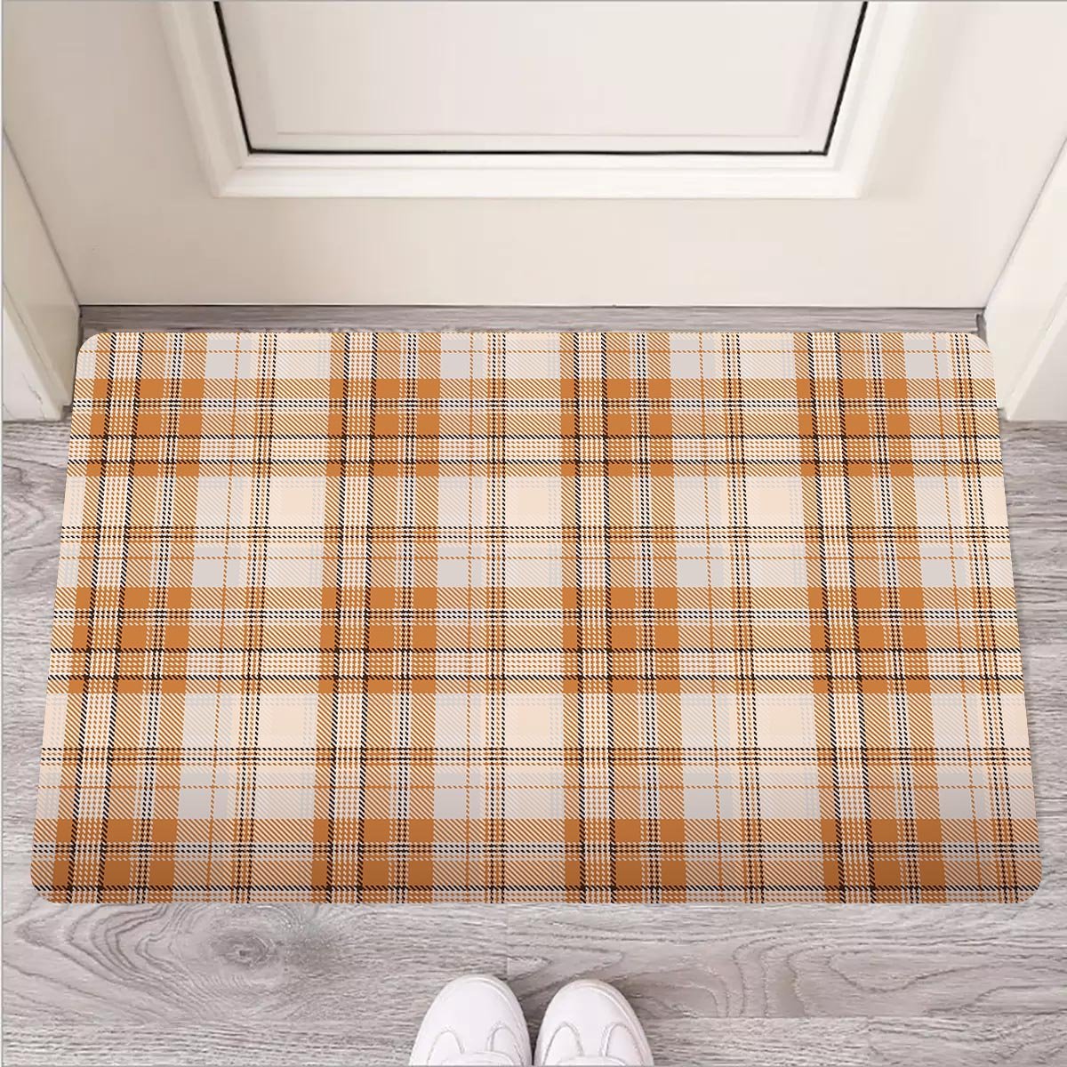 Beige Plaid Tartan Print Door Mat-grizzshop