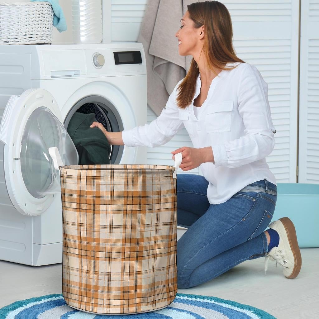 Beige Plaid Tartan Print Laundry Basket-grizzshop