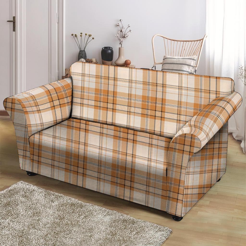 Beige Plaid Tartan Print Loveseat Cover-grizzshop