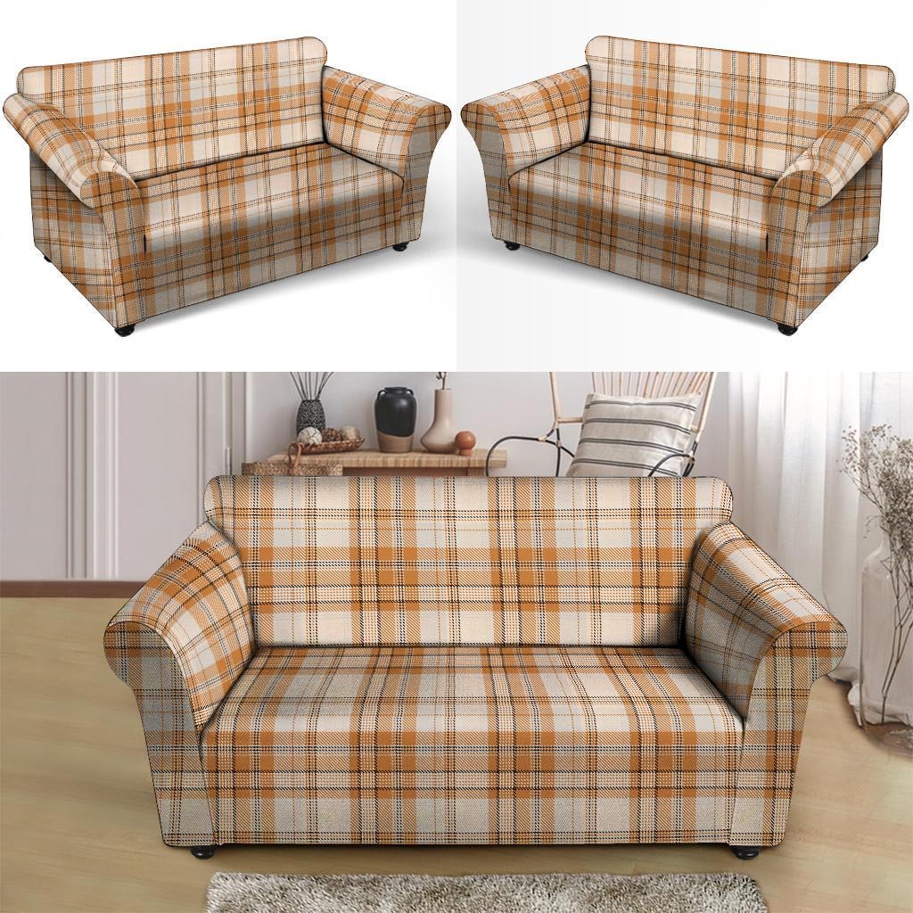 Beige Plaid Tartan Print Loveseat Cover-grizzshop