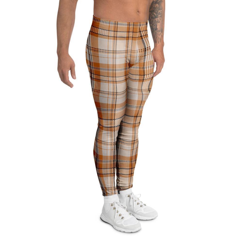 Beige Plaid Tartan Print Men's Leggings-grizzshop