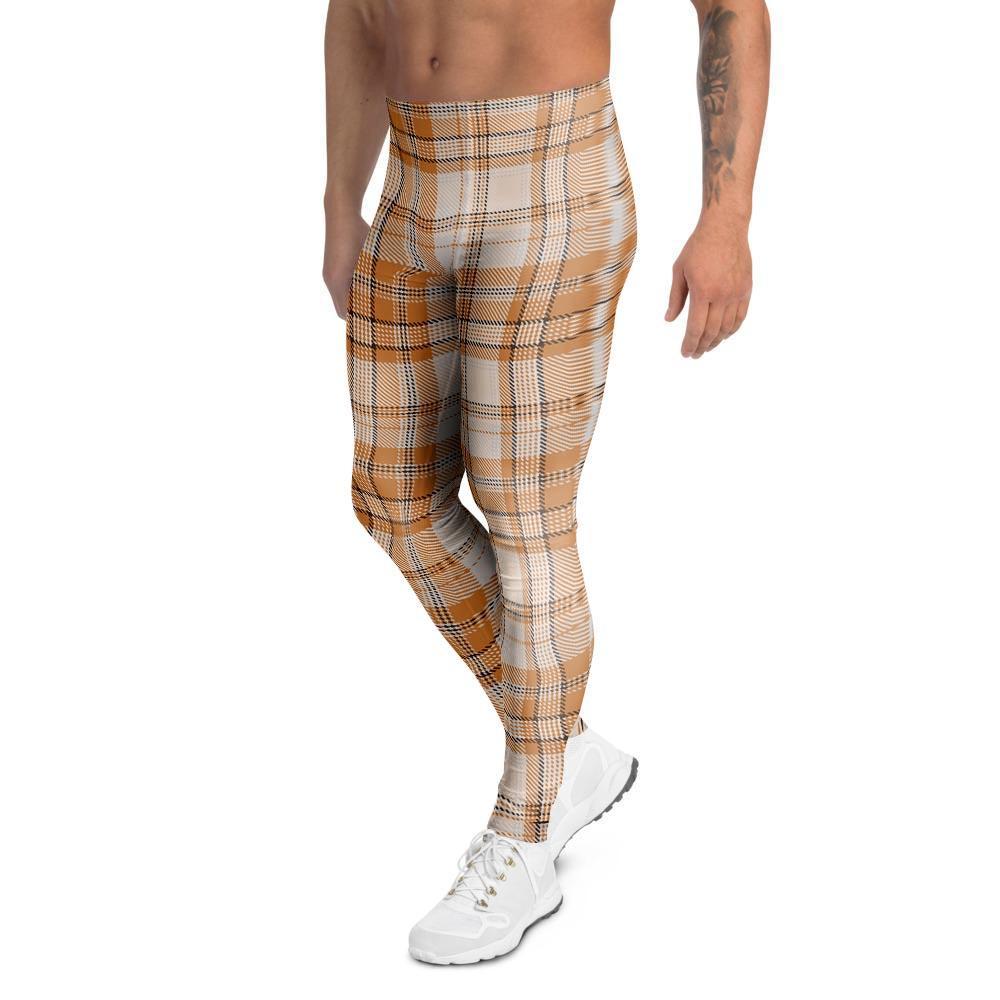 Beige Plaid Tartan Print Men's Leggings-grizzshop