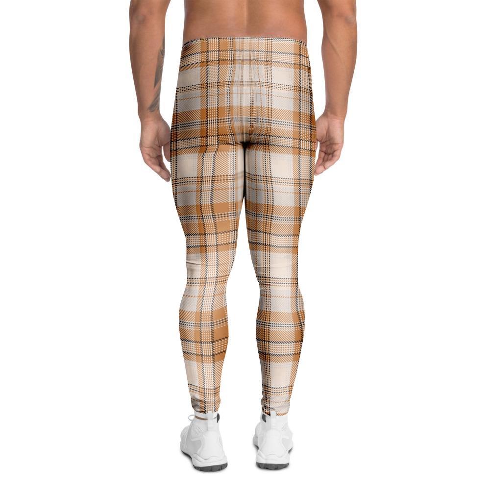 Beige Plaid Tartan Print Men's Leggings-grizzshop