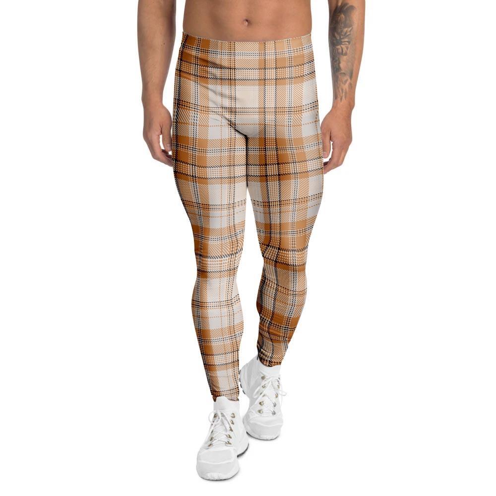 Beige Plaid Tartan Print Men's Leggings-grizzshop