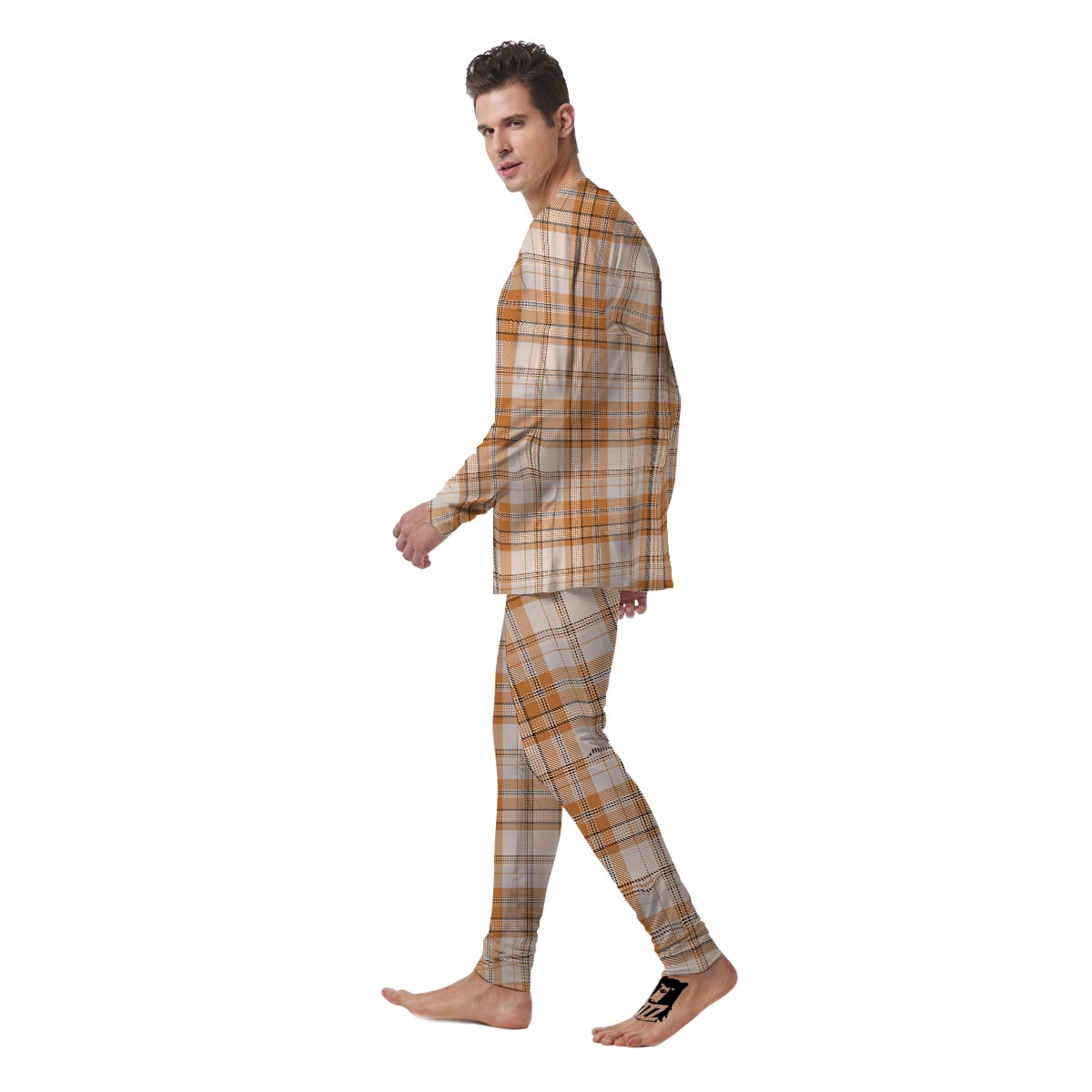 Beige Plaid Tartan Print Men's Pajamas-grizzshop