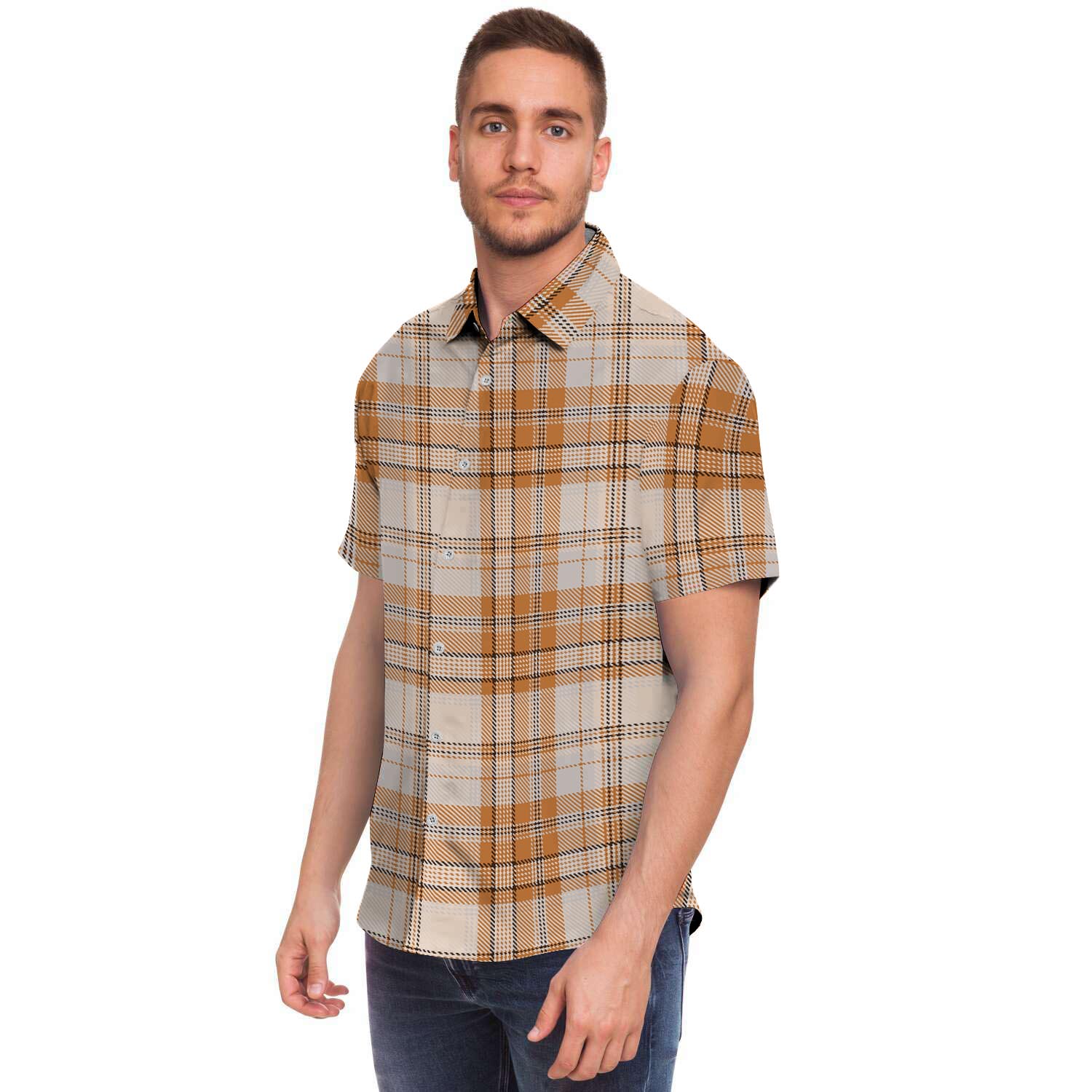 Beige Plaid Tartan Print Men's Short Sleeve Shirt-grizzshop