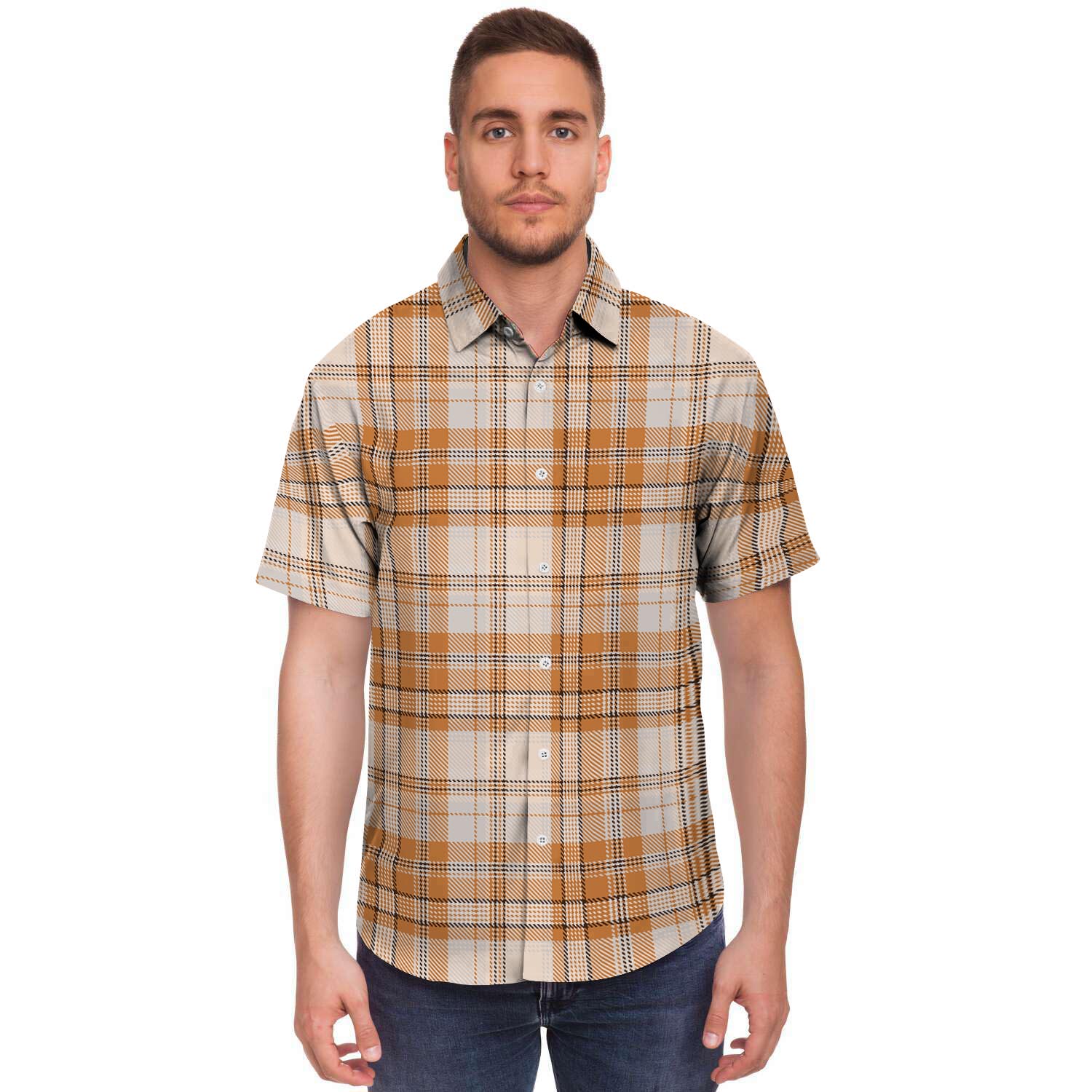 Beige Plaid Tartan Print Men's Short Sleeve Shirt-grizzshop