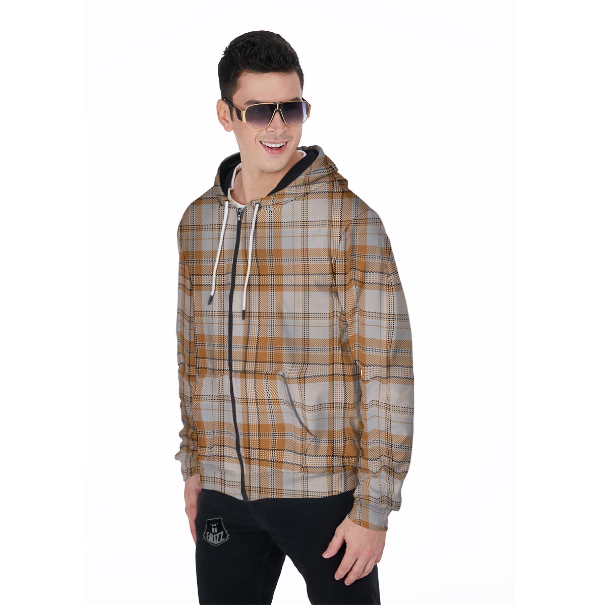 Beige Plaid Tartan Print Men's Zip Up Hoodie-grizzshop