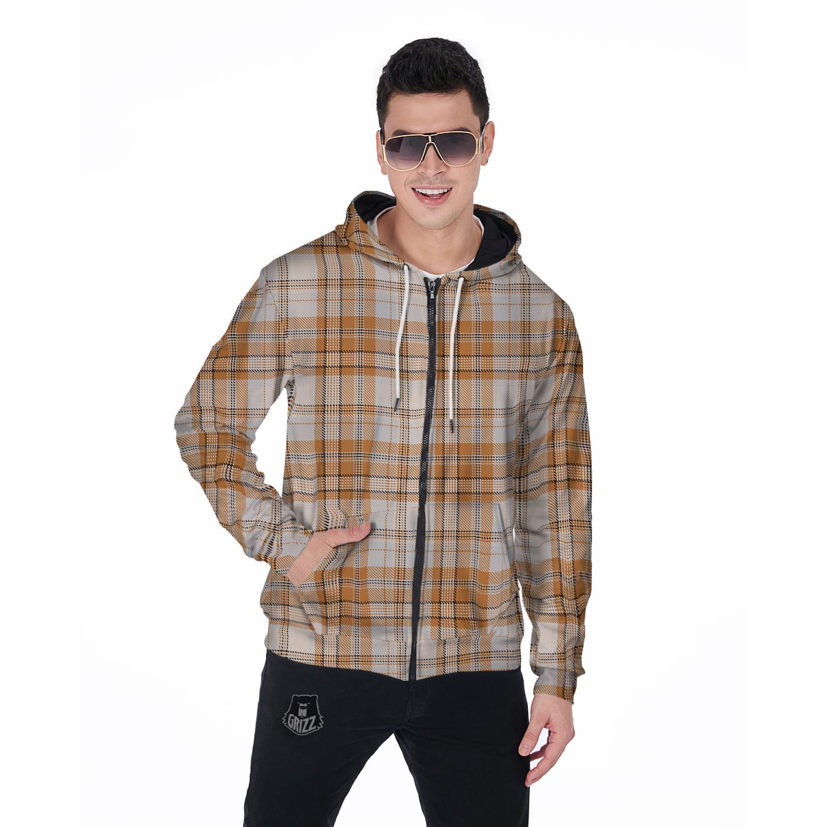 Beige Plaid Tartan Print Men's Zip Up Hoodie-grizzshop