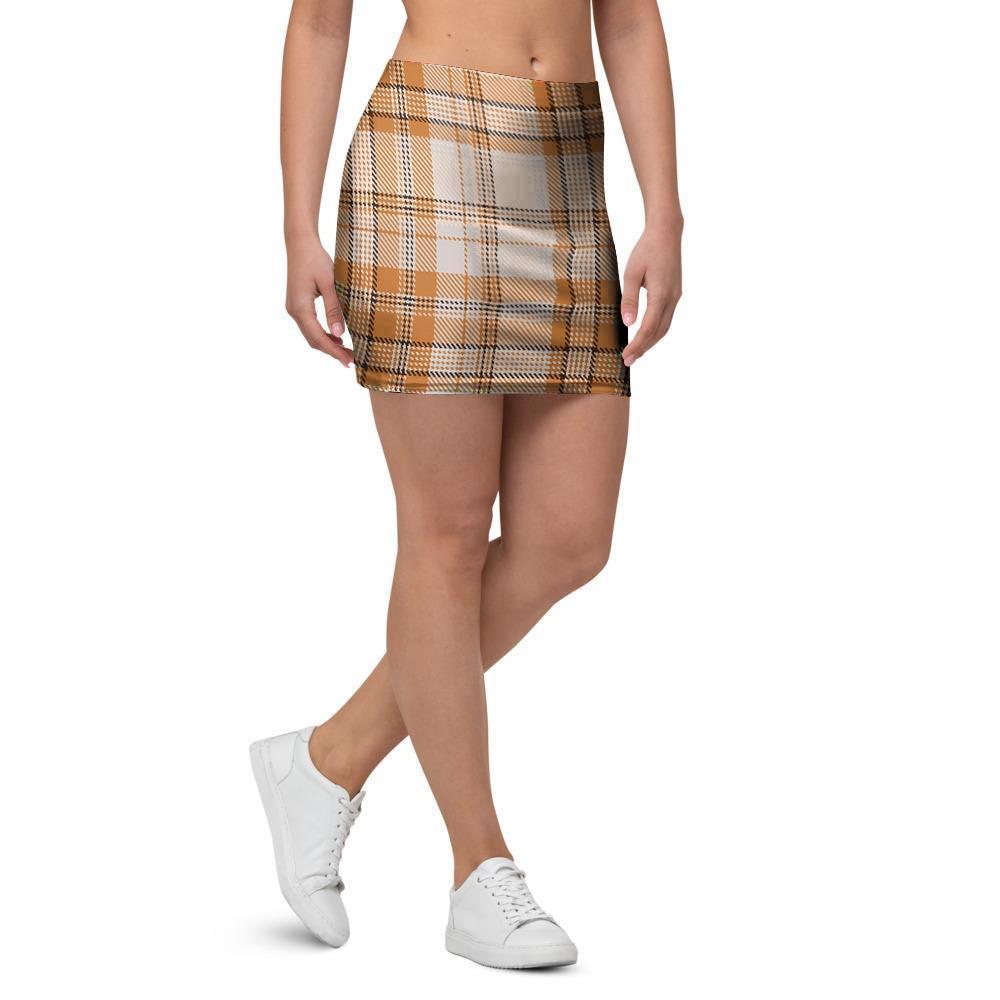 Beige Plaid Tartan Print Mini Skirt-grizzshop