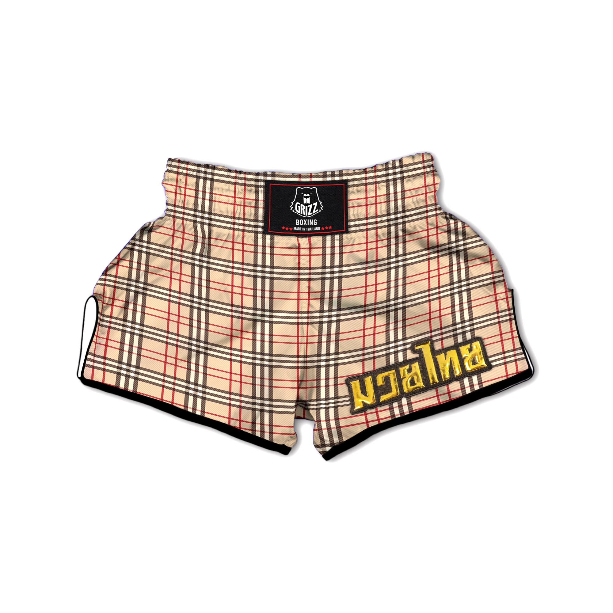 Beige Plaid Tartan Print Muay Thai Boxing Shorts-grizzshop