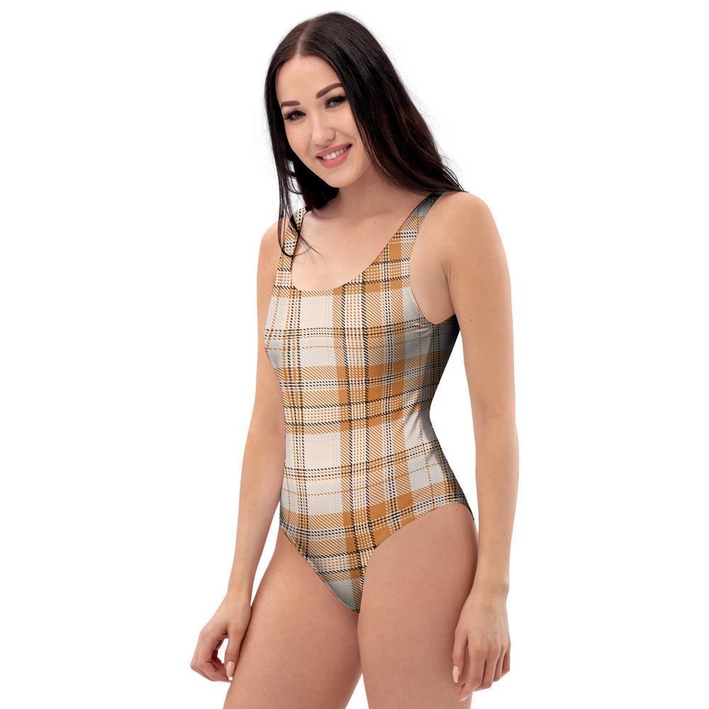 Beige Plaid Tartan Print One Piece Swimsuite-grizzshop