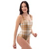 Beige Plaid Tartan Print One Piece Swimsuite-grizzshop