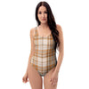 Beige Plaid Tartan Print One Piece Swimsuite-grizzshop