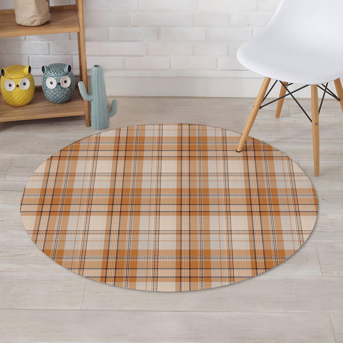 Beige Plaid Tartan Print Round Rug-grizzshop