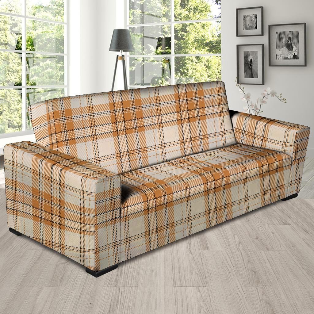 Beige Plaid Tartan Print Sofa Cover-grizzshop