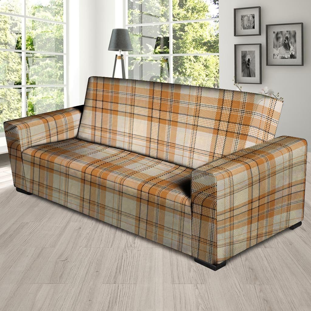 Beige Plaid Tartan Print Sofa Cover-grizzshop