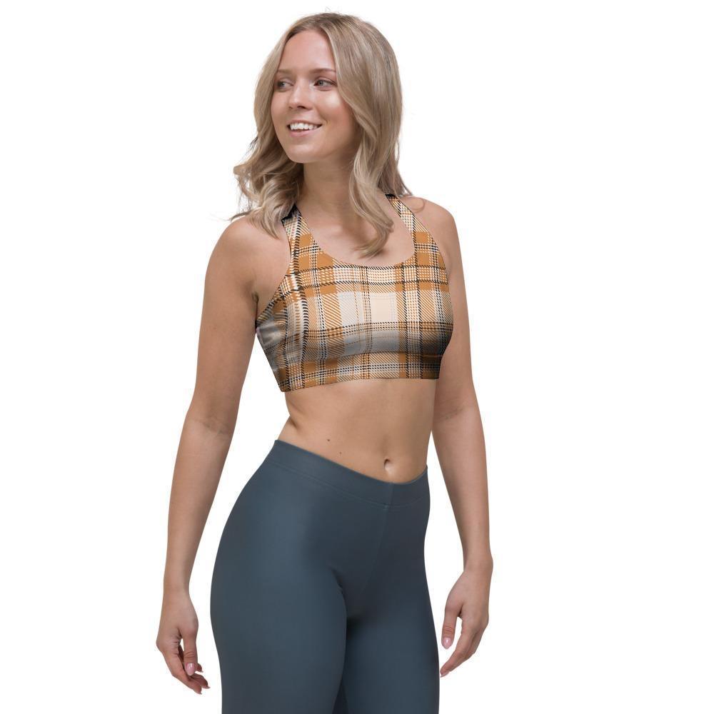 Beige Plaid Tartan Print Sports Bra-grizzshop