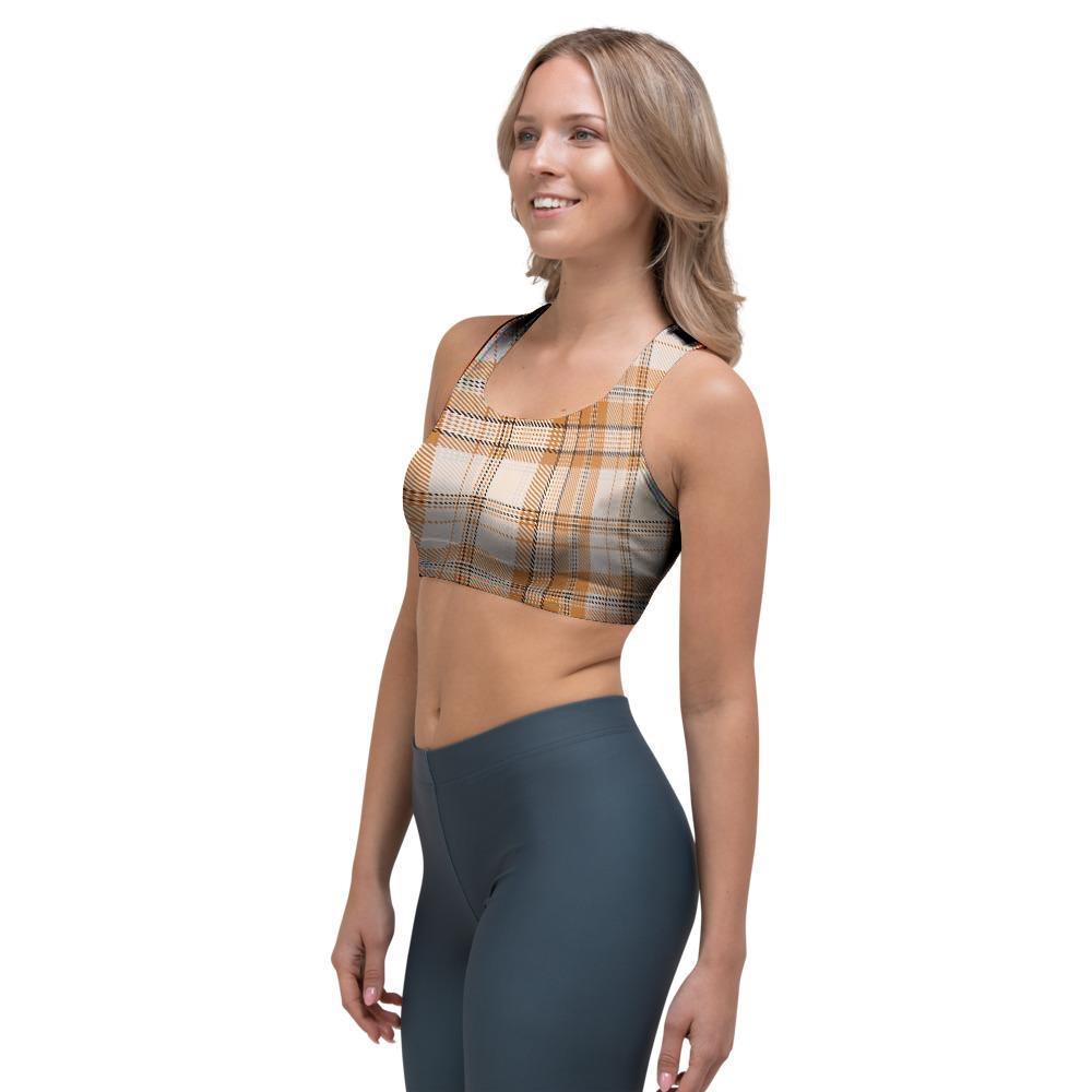 Beige Plaid Tartan Print Sports Bra-grizzshop