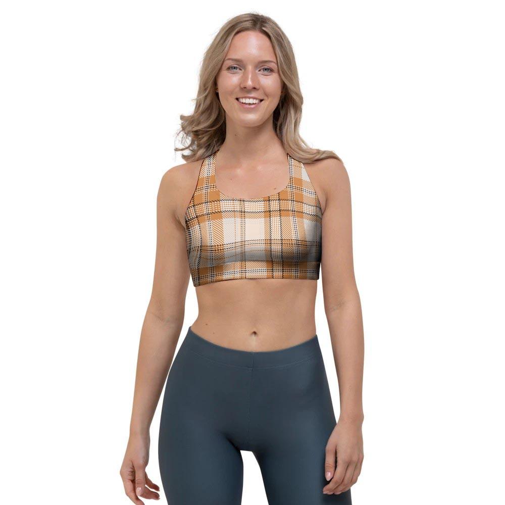 Beige Plaid Tartan Print Sports Bra-grizzshop