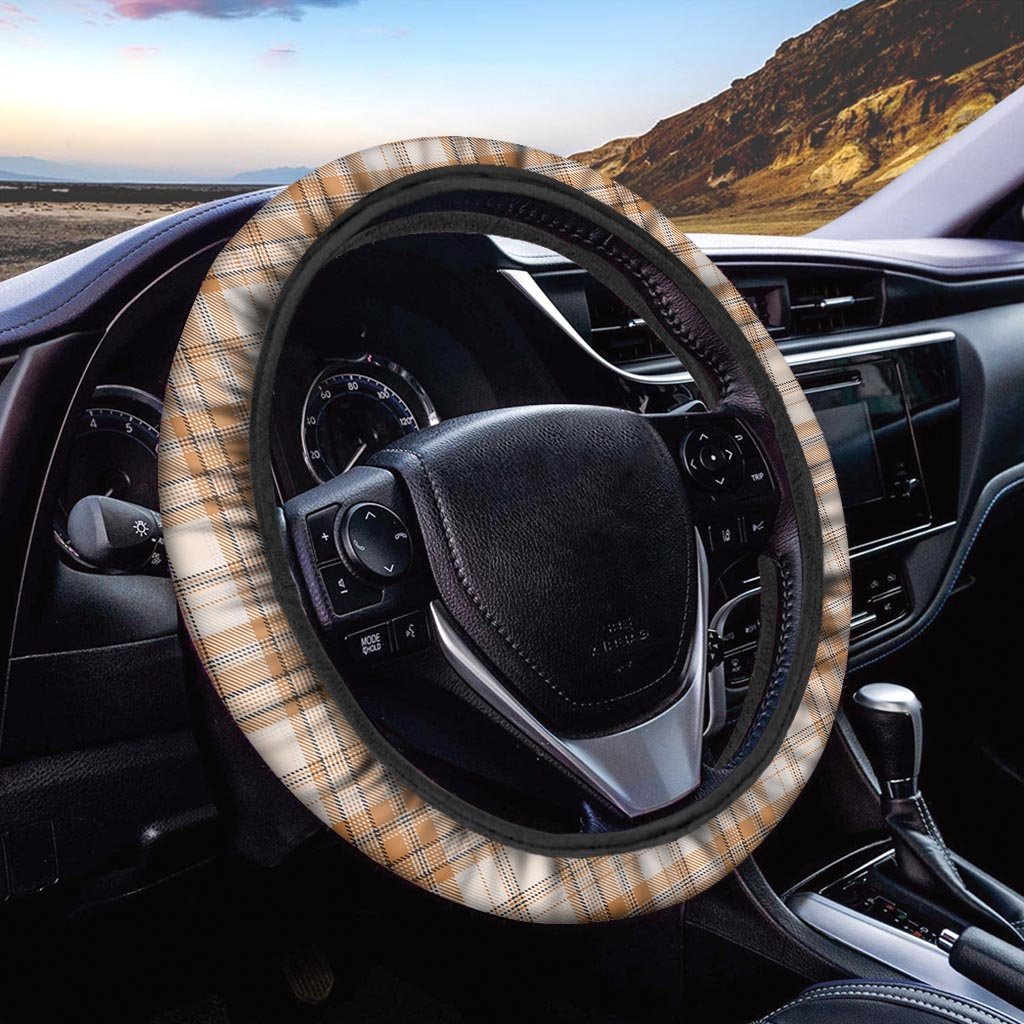 Beige Plaid Tartan Print Steering Wheel Cover-grizzshop