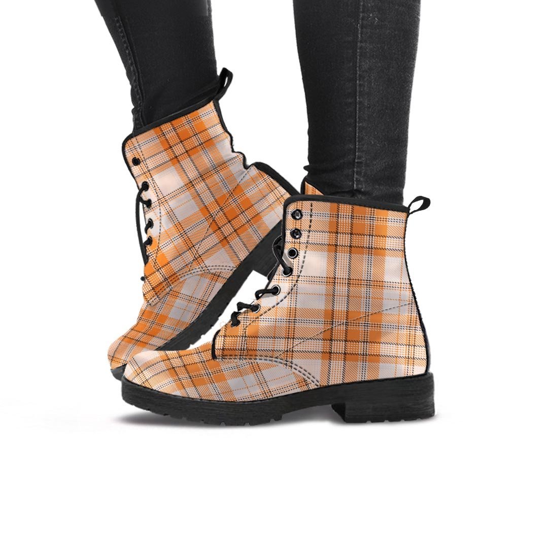 Beige Plaid Tartan Print Women's Boots-grizzshop