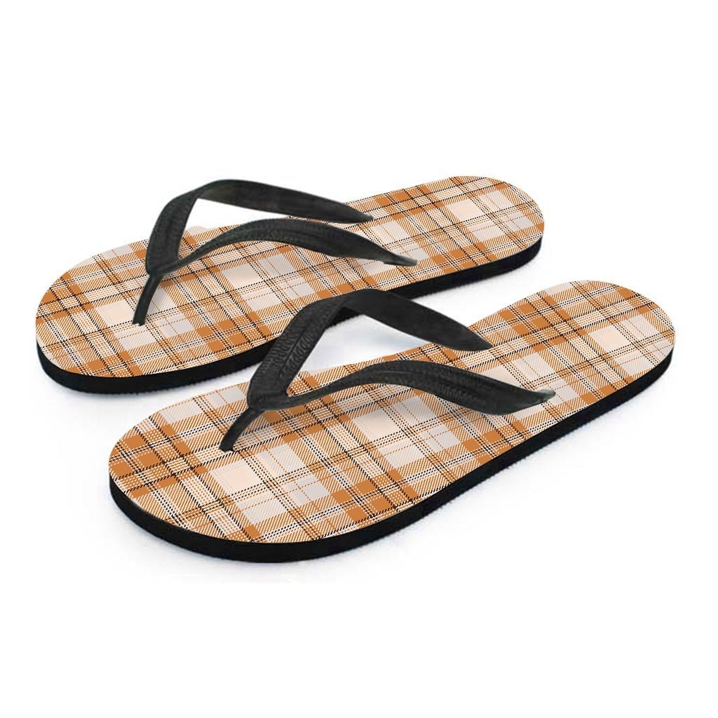 Beige Plaid Tartan Print Women's Flip Flops-grizzshop