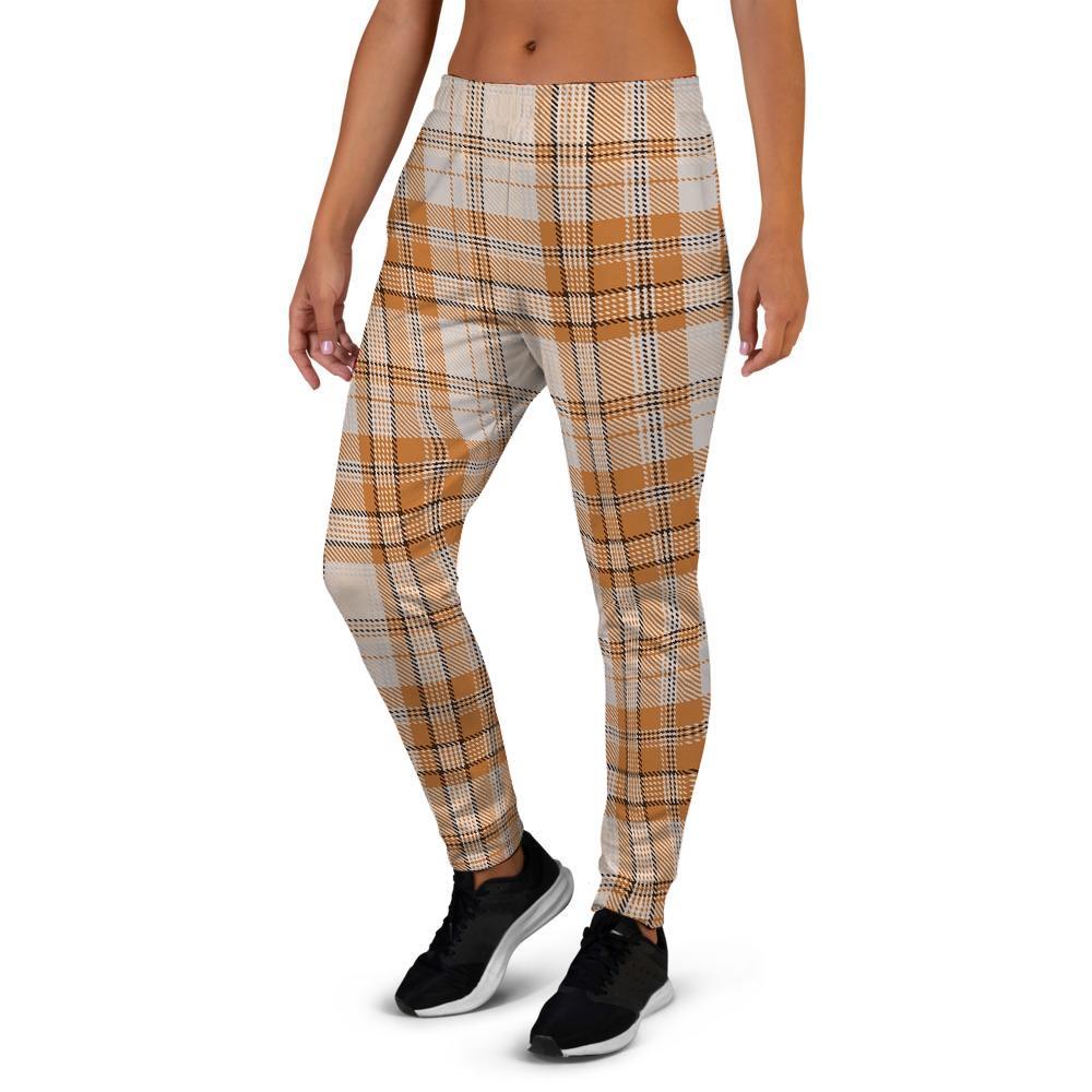 Beige Plaid Tartan Print Women's Joggers-grizzshop