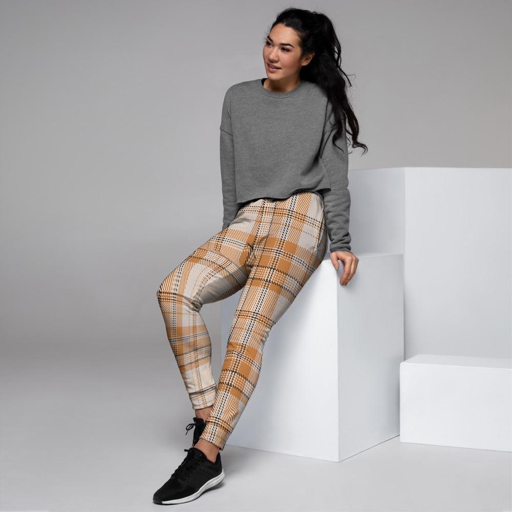 Beige Plaid Tartan Print Women's Joggers-grizzshop