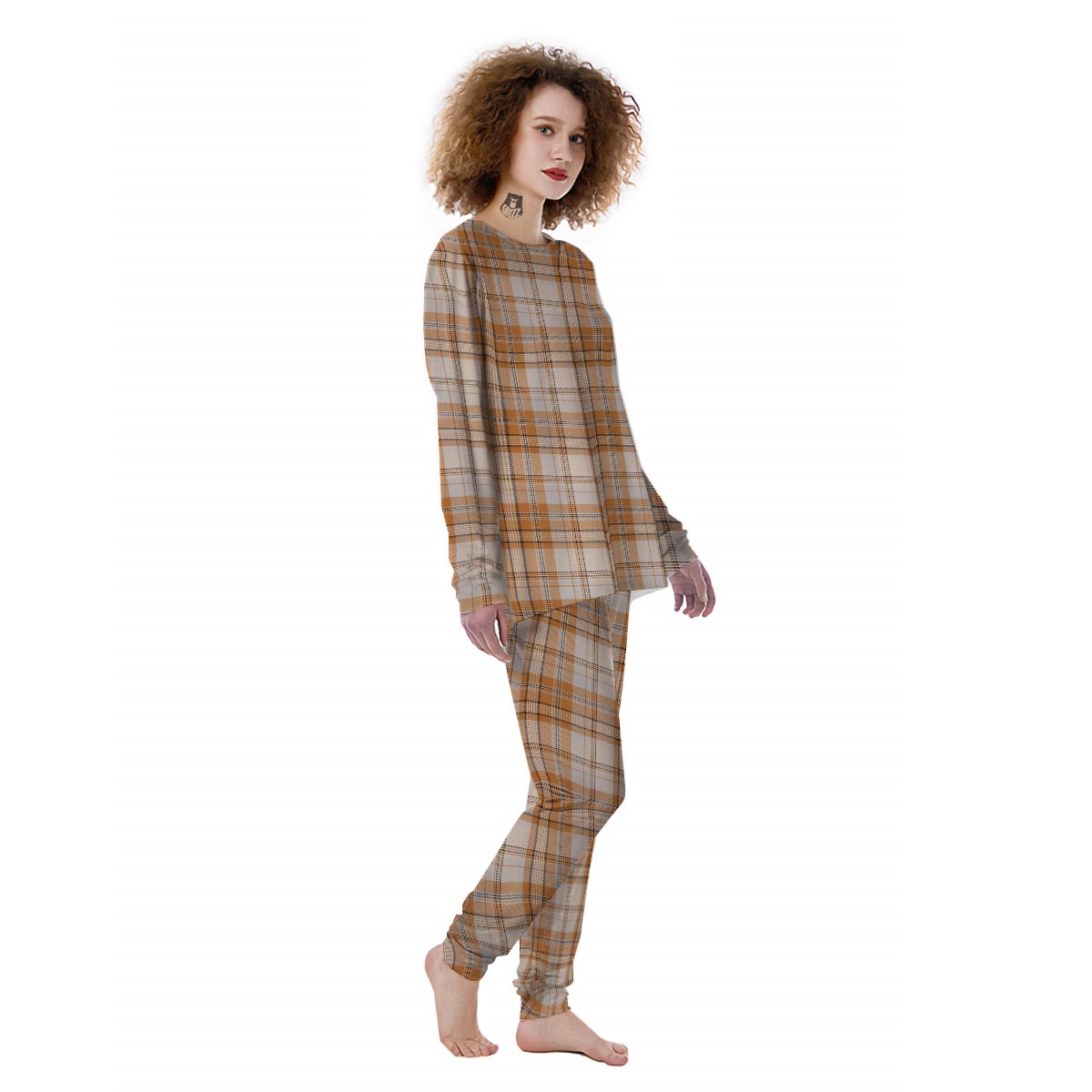 Beige Plaid Tartan Print Women's Pajamas-grizzshop