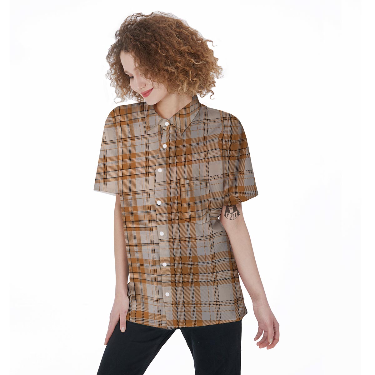 Beige Plaid Tartan Print Women's Short Sleeve Shirts-grizzshop