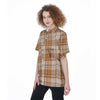 Beige Plaid Tartan Print Women's Short Sleeve Shirts-grizzshop