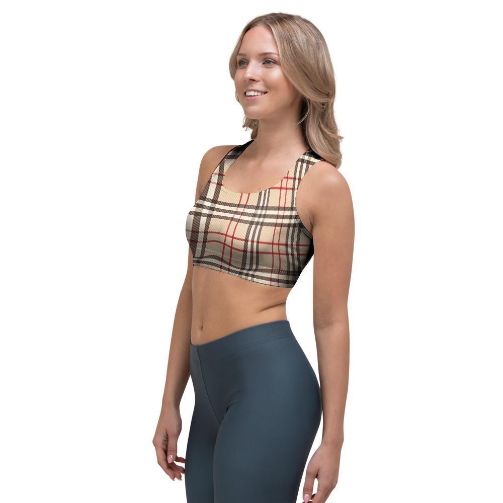 Beige Plaid Tartan Sports Bra-grizzshop