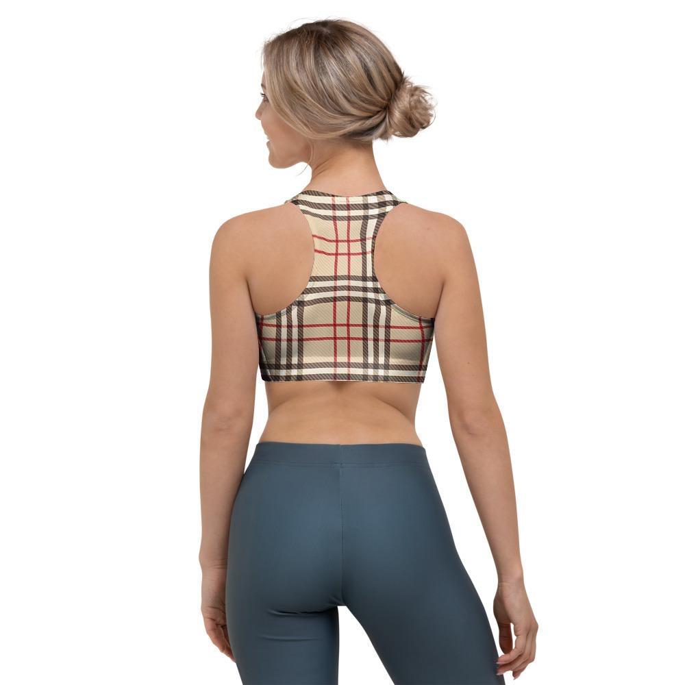 Beige Plaid Tartan Sports Bra-grizzshop