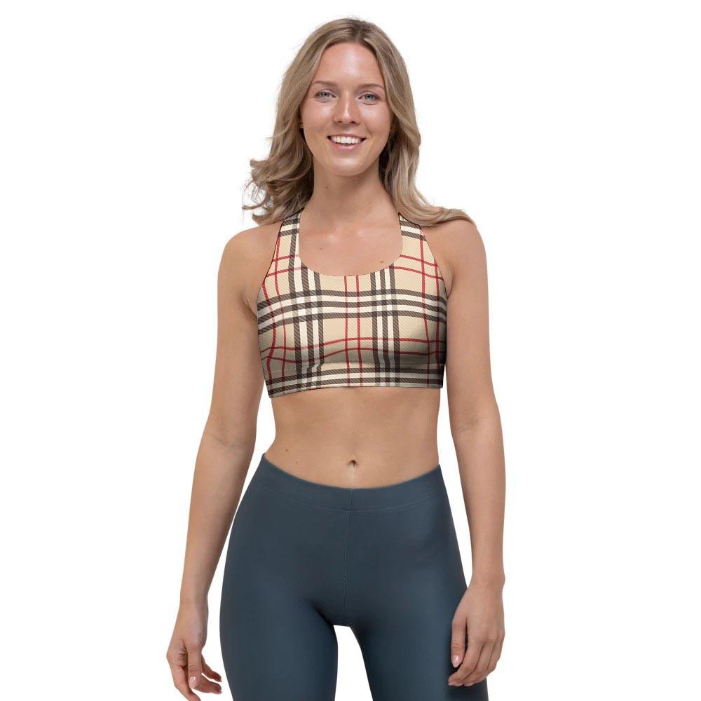 Beige Plaid Tartan Sports Bra-grizzshop