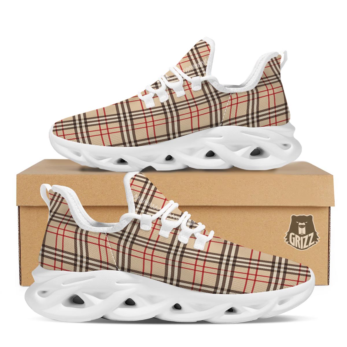 Beige Plaid Tartan White Running Shoes-grizzshop
