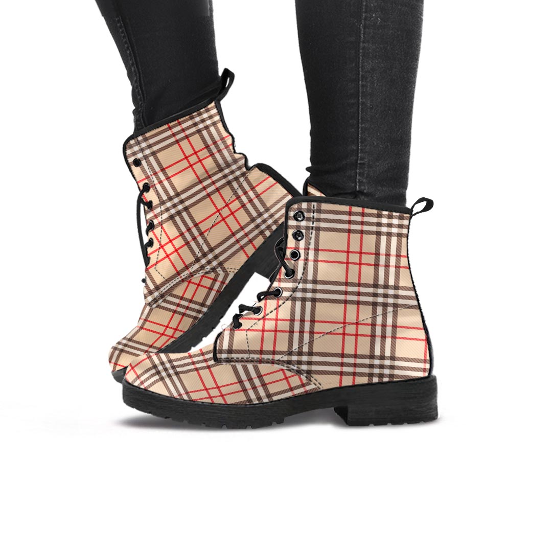Beige Plaid Tartan Women's Boots-grizzshop