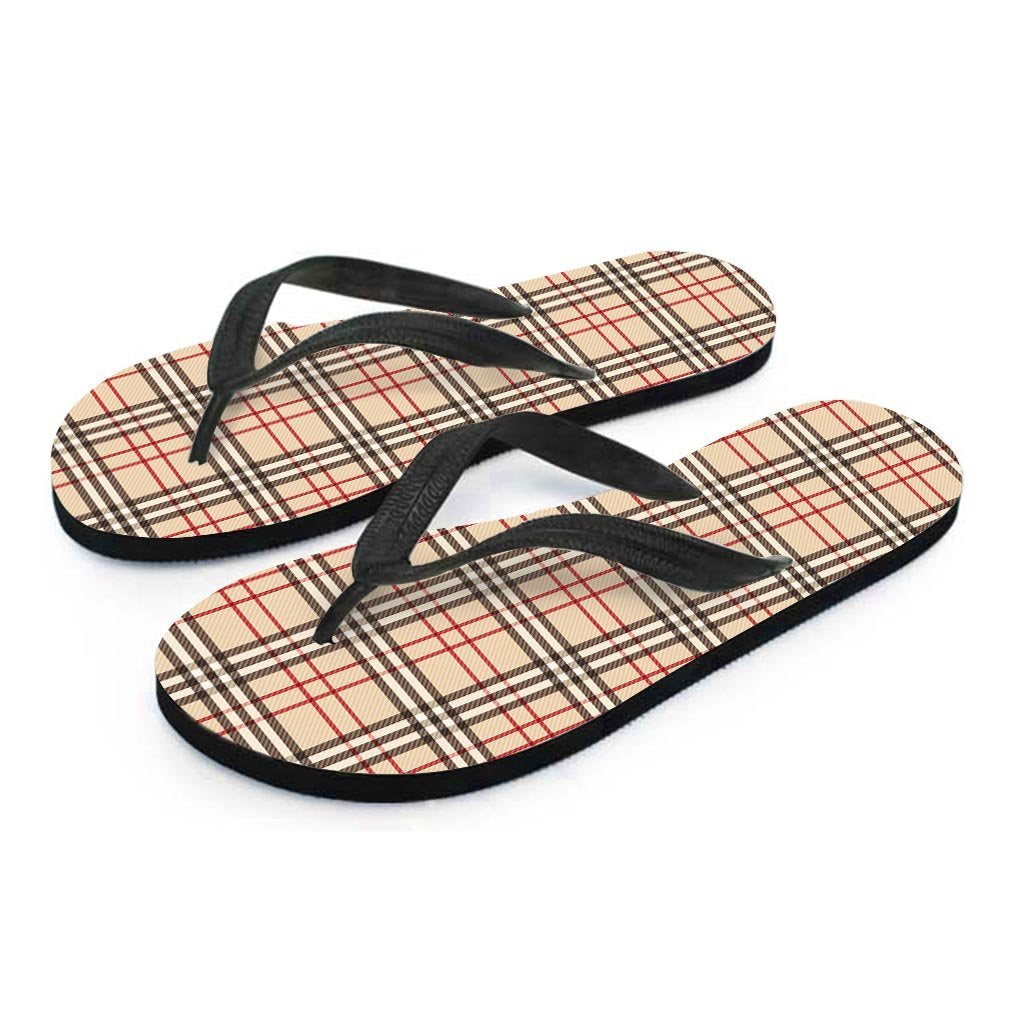Beige Plaid Tartan Women's Flip Flops-grizzshop