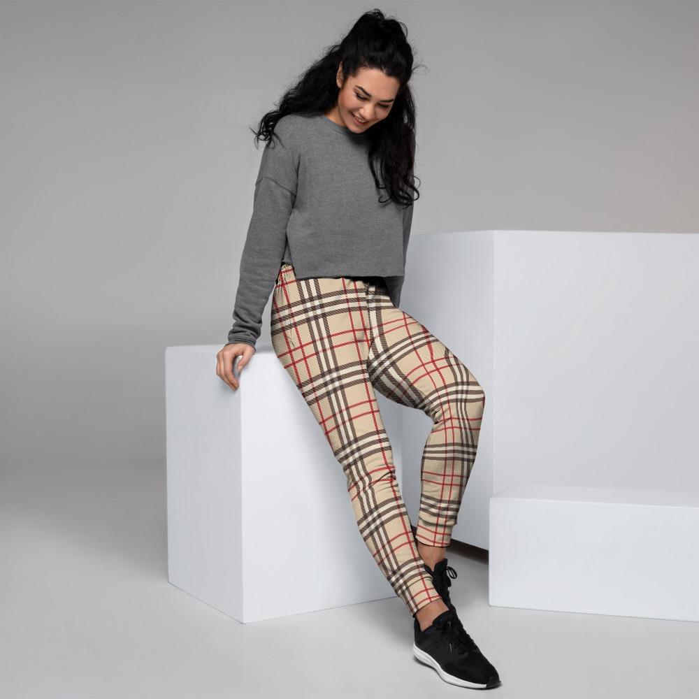 Beige Plaid Tartan Women's Joggers-grizzshop