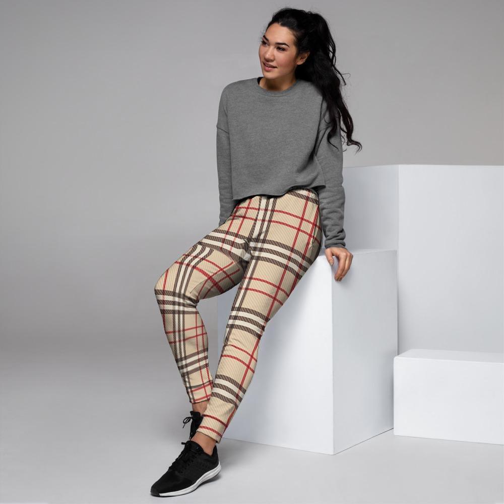 Beige Plaid Tartan Women's Joggers-grizzshop