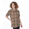 Beige Plaid Tartan Women's Short Sleeve Shirts-grizzshop