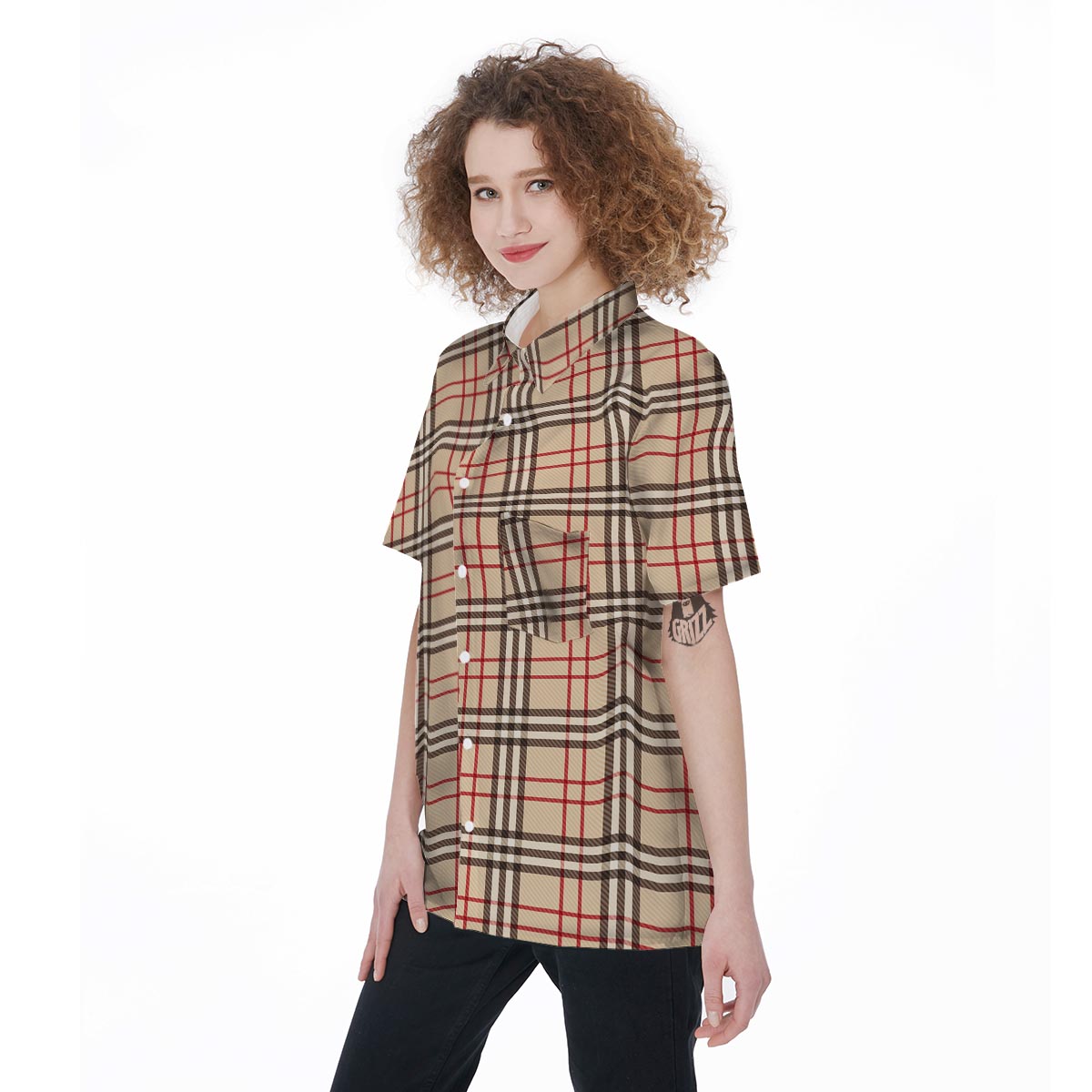 Beige Plaid Tartan Women's Short Sleeve Shirts-grizzshop