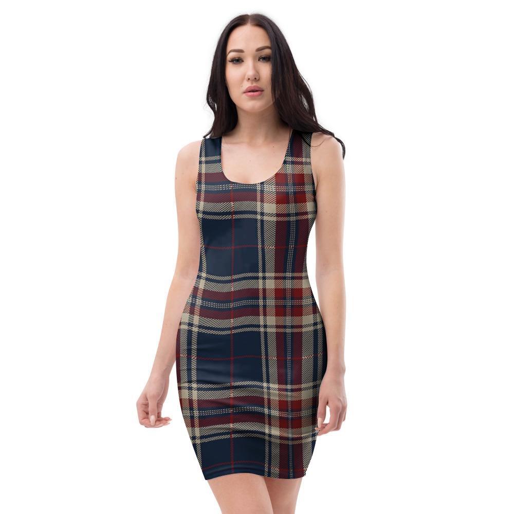 Beige Red And Blue Plaid Tartan Bodycon Dress-grizzshop