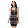 Beige Red And Blue Plaid Tartan Bodycon Dress-grizzshop