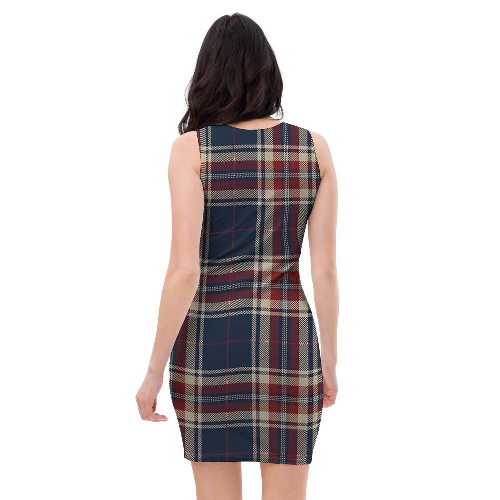 Beige Red And Blue Plaid Tartan Bodycon Dress-grizzshop