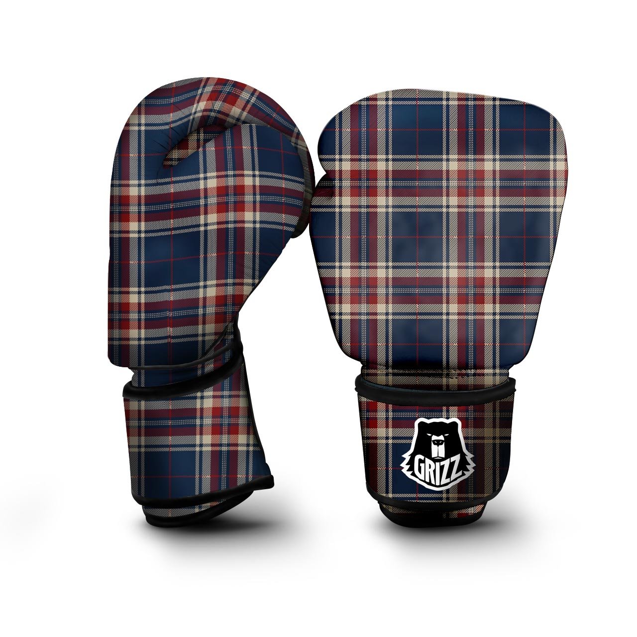 Beige Red And Blue Plaid Tartan Boxing Gloves-grizzshop