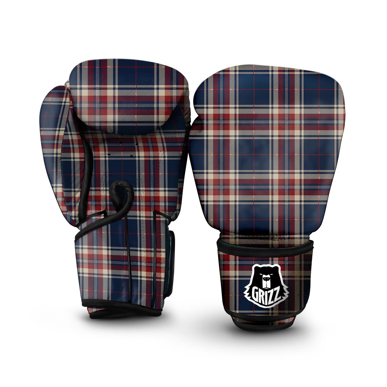 Beige Red And Blue Plaid Tartan Boxing Gloves-grizzshop