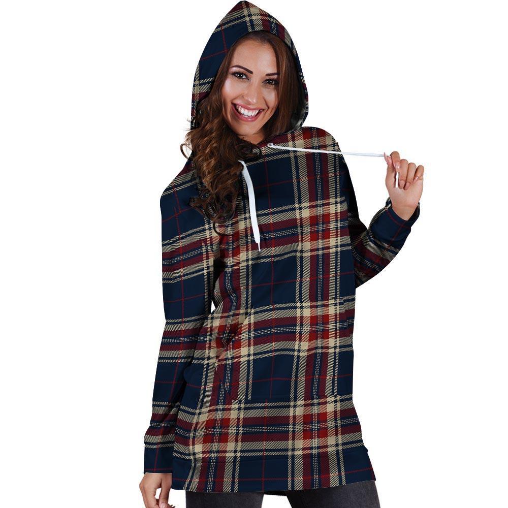 Beige Red And Blue Plaid Tartan Hoodie Dress-grizzshop