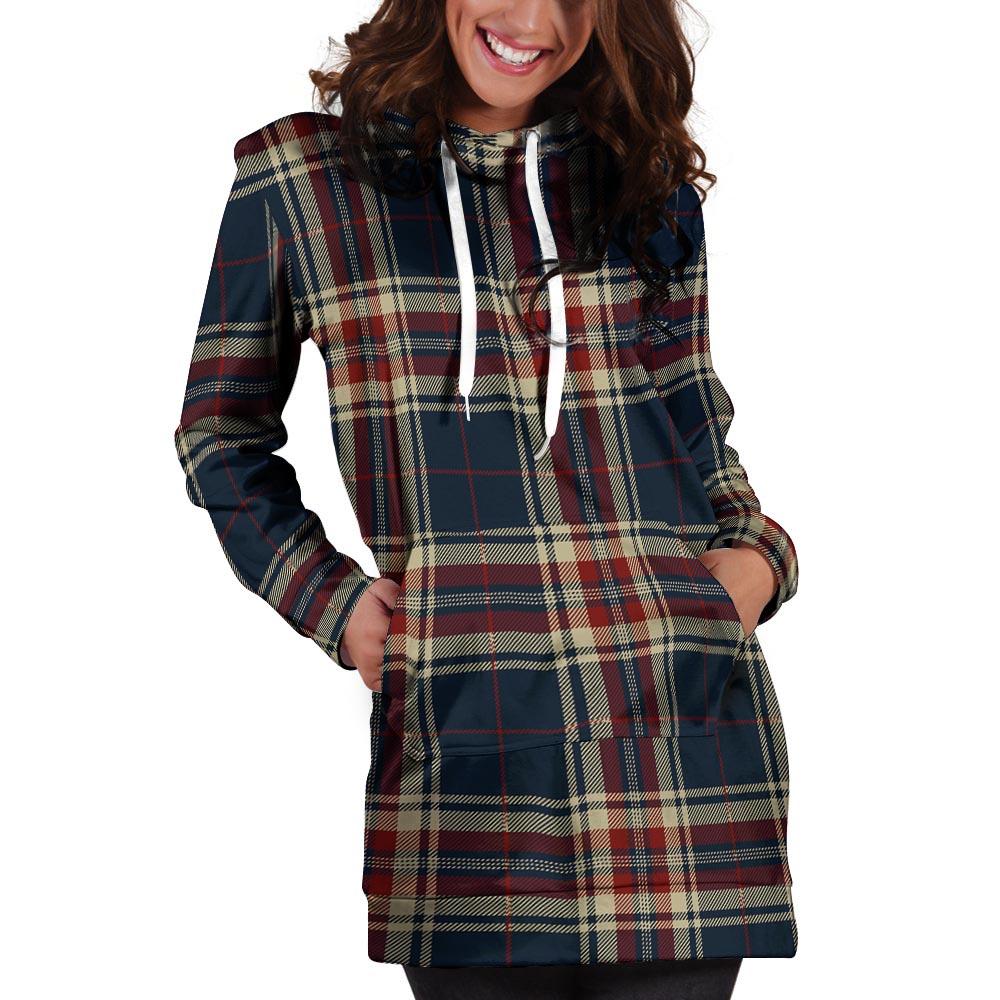 Beige Red And Blue Plaid Tartan Hoodie Dress-grizzshop